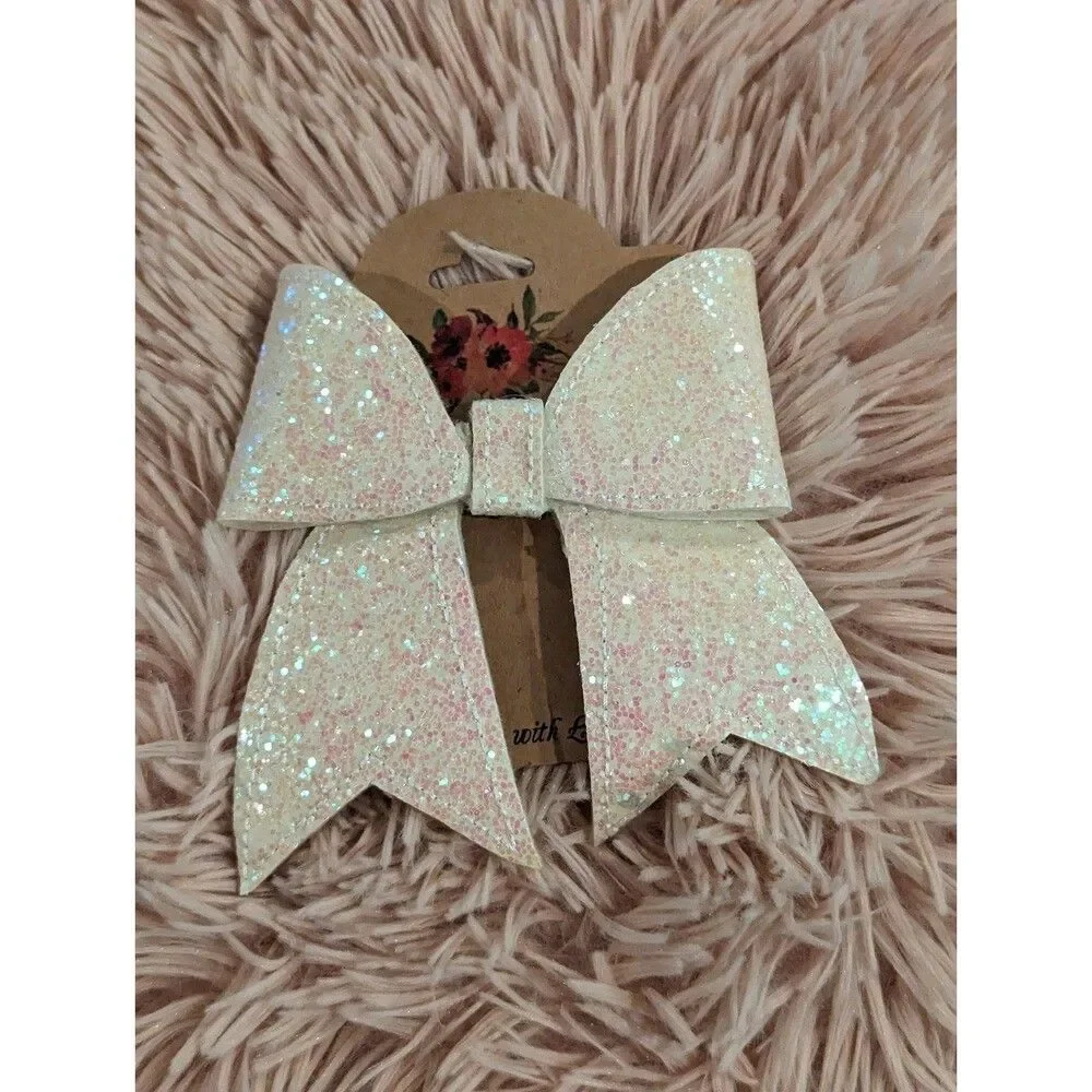 Beautiful off-white sparkly glittery chunky glitter hair bow barrette clip